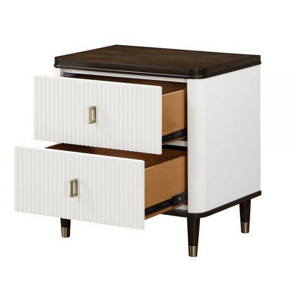 Aren 27 Inch Nightstand, 2 Drawers, USB Charger, Solid Wood, White, Brown
