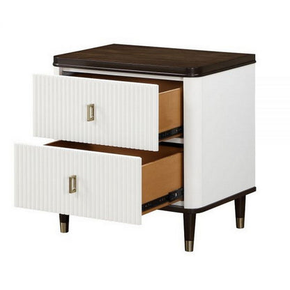 Aren 27 Inch Nightstand, 2 Drawers, USB Charger, Solid Wood, White, Brown