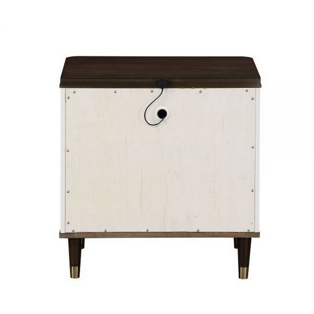 Aren 27 Inch Nightstand, 2 Drawers, USB Charger, Solid Wood, White, Brown