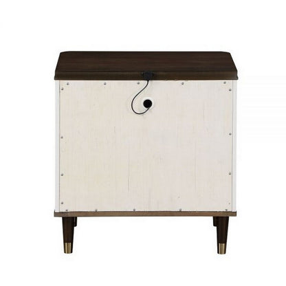 Aren 27 Inch Nightstand, 2 Drawers, USB Charger, Solid Wood, White, Brown