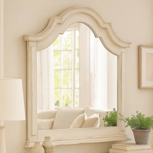 Maia 43 x 46 Dresser Mirror with Curved Top, Poplar and Oak, Antique White