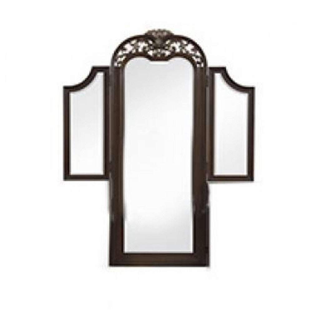 Liana 64 Inch Vanity Table Mirror, 3 Panels, Crown Carvings and Scrollwork