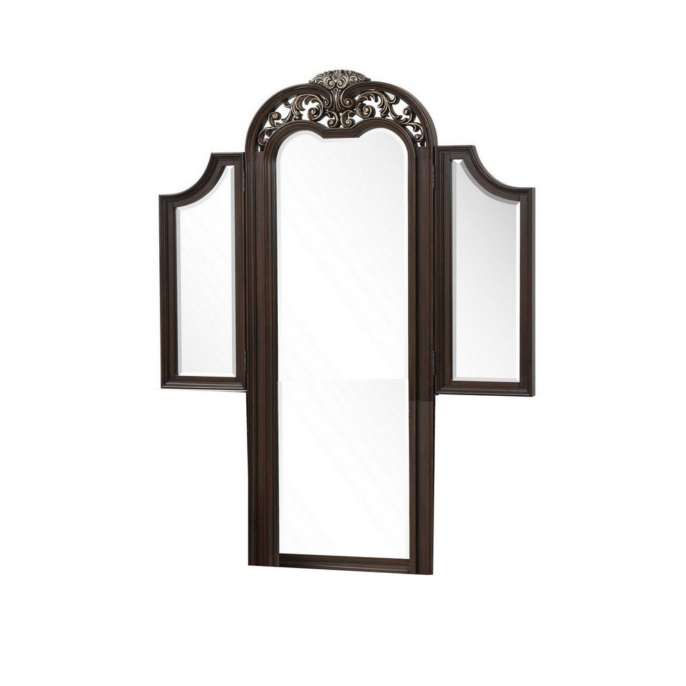 Liana 64 Inch Vanity Table Mirror, 3 Panels, Crown Carvings and Scrollwork