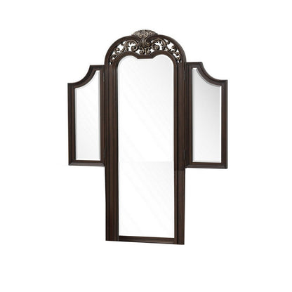 Liana 64 Inch Vanity Table Mirror, 3 Panels, Crown Carvings and Scrollwork