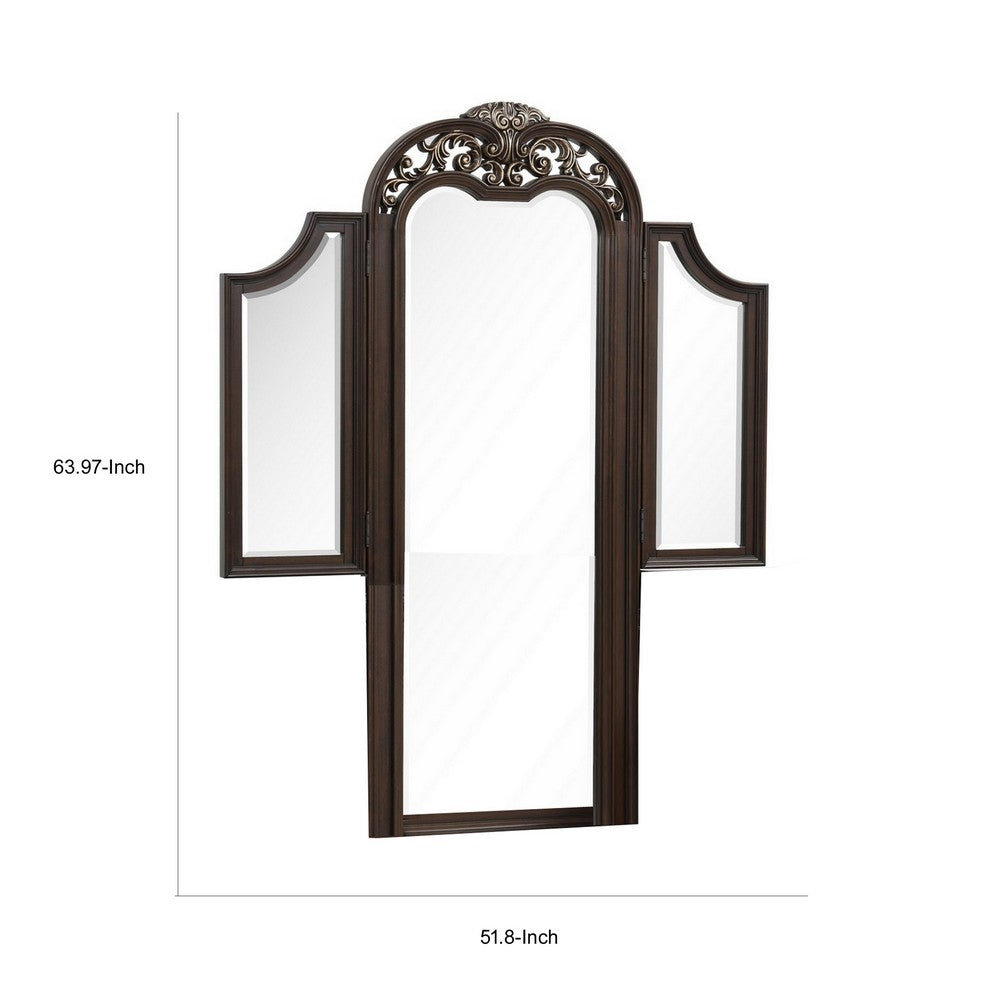Liana 64 Inch Vanity Table Mirror, 3 Panels, Crown Carvings and Scrollwork