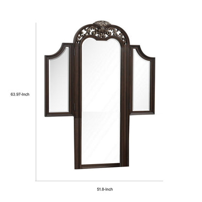 Liana 64 Inch Vanity Table Mirror, 3 Panels, Crown Carvings and Scrollwork