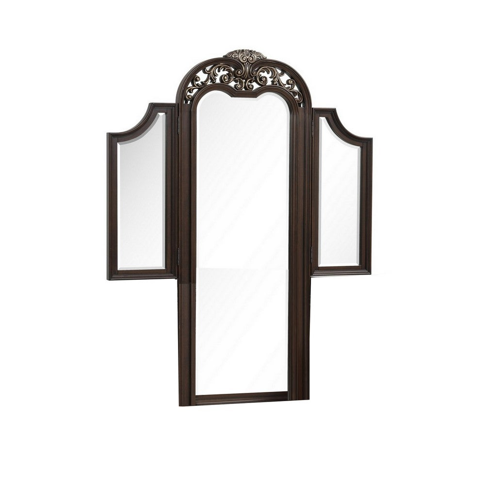Liana 64 Inch Vanity Table Mirror, 3 Panels, Crown Carvings and Scrollwork