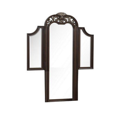 Liana 64 Inch Vanity Table Mirror, 3 Panels, Crown Carvings and Scrollwork