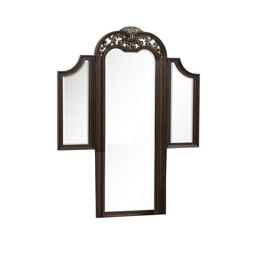 Liana 64 Inch Vanity Table Mirror, 3 Panels, Crown Carvings and Scrollwork