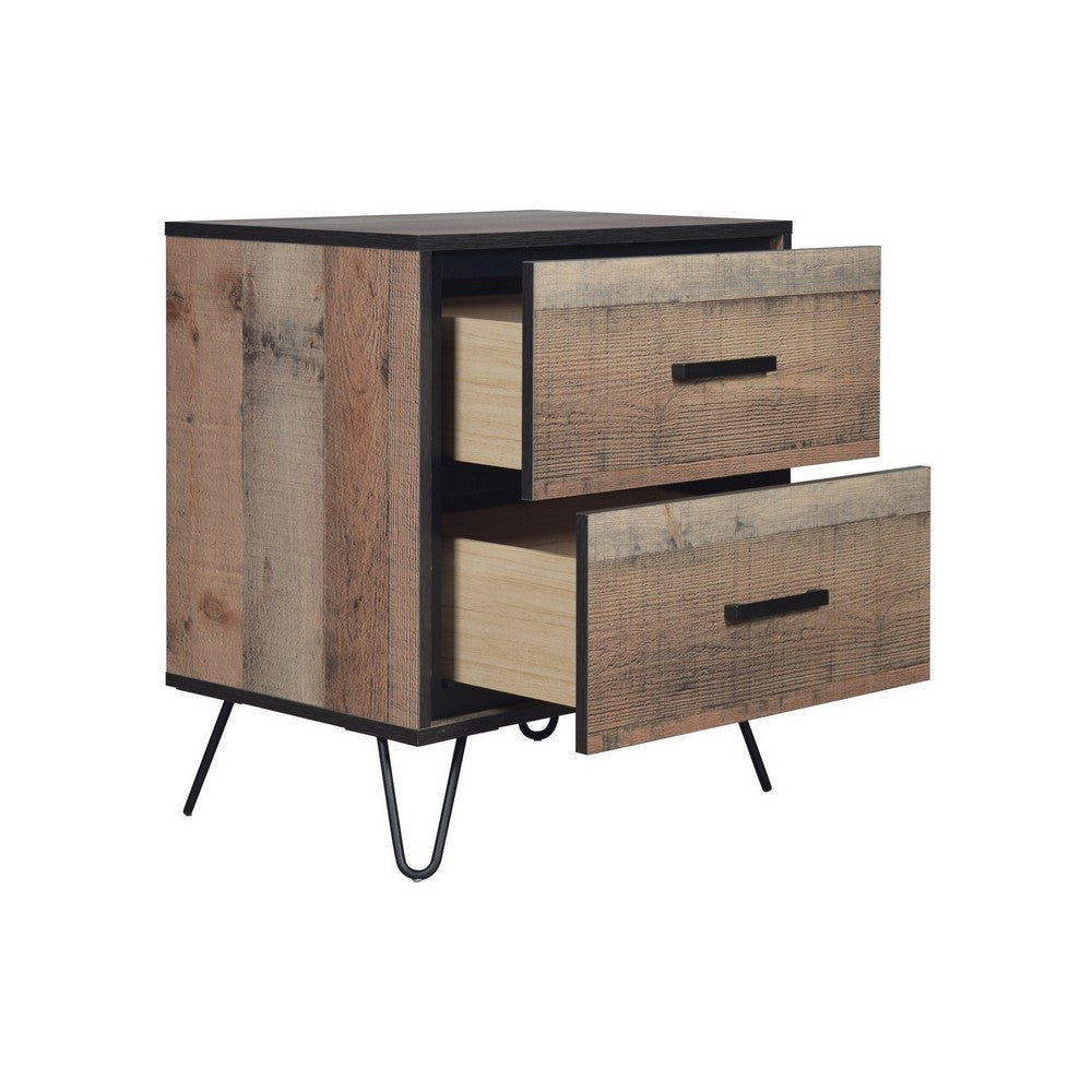 Lala 25 Inch Nightstand, 2 Drawers, Black Handles, Rustic Brown Wood Finish