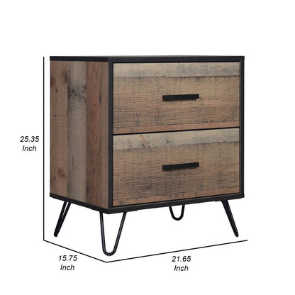 Lala 25 Inch Nightstand, 2 Drawers, Black Handles, Rustic Brown Wood Finish