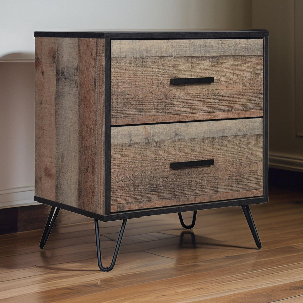 Lala 25 Inch Nightstand, 2 Drawers, Black Handles, Rustic Brown Wood Finish