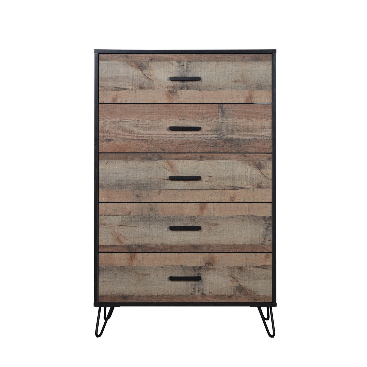 Lala 50 Inch Tall Dresser Chest, 5 Drawers, Black Handles, Rustic Brown
