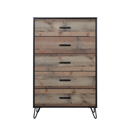 Lala 50 Inch Tall Dresser Chest, 5 Drawers, Black Handles, Rustic Brown