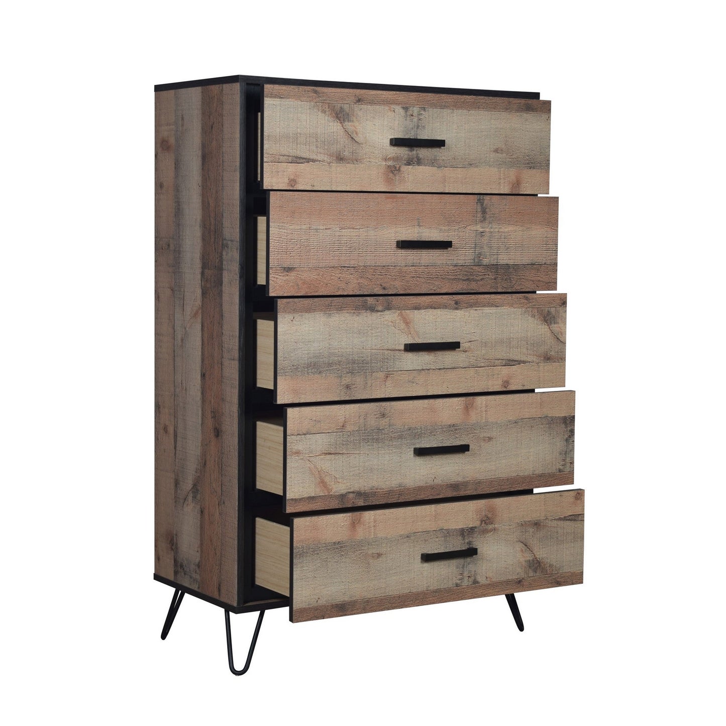 Lala 50 Inch Tall Dresser Chest, 5 Drawers, Black Handles, Rustic Brown