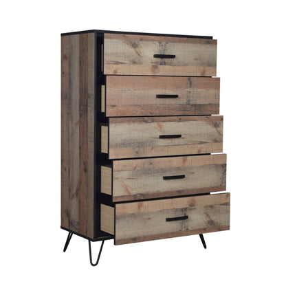 Lala 50 Inch Tall Dresser Chest, 5 Drawers, Black Handles, Rustic Brown