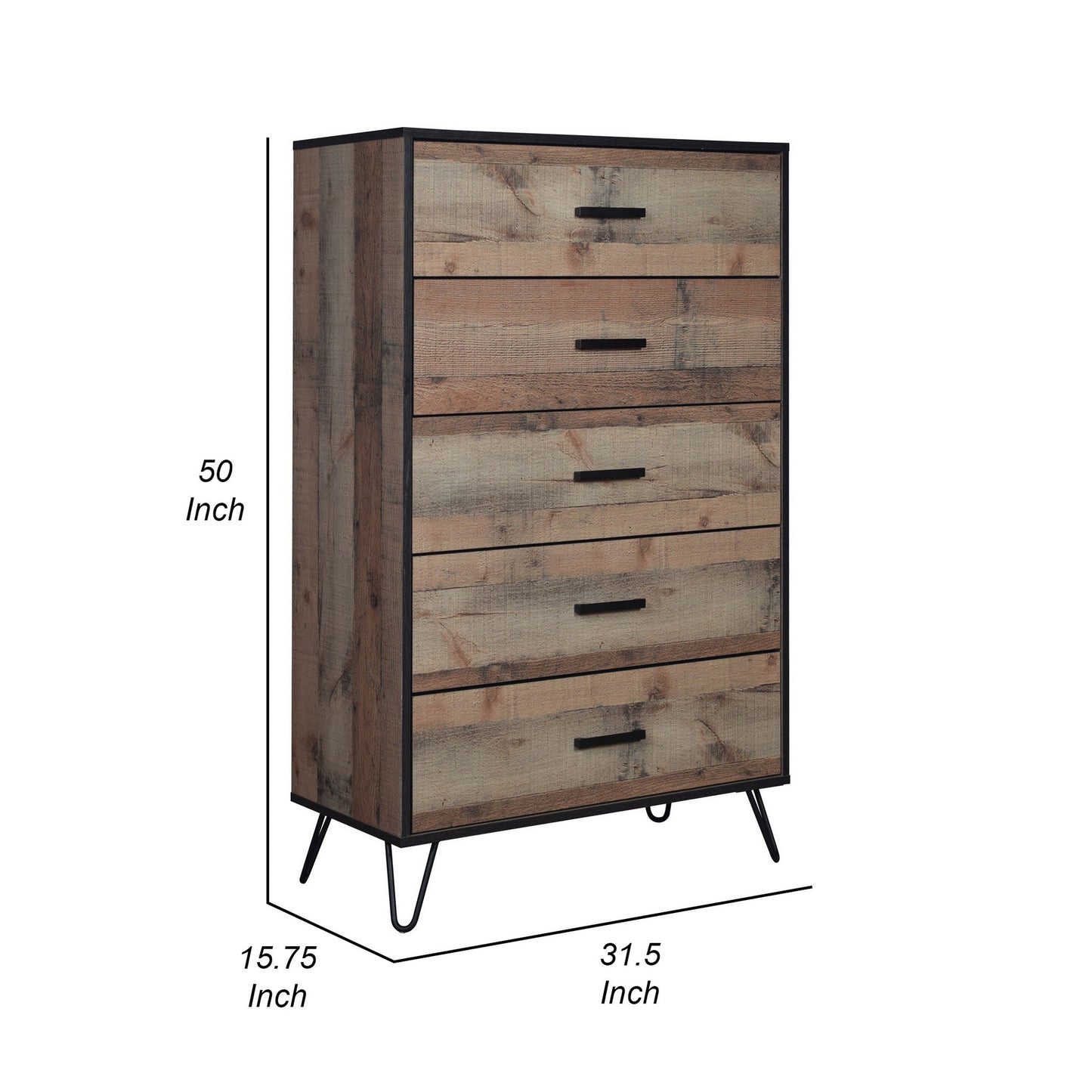 Lala 50 Inch Tall Dresser Chest, 5 Drawers, Black Handles, Rustic Brown