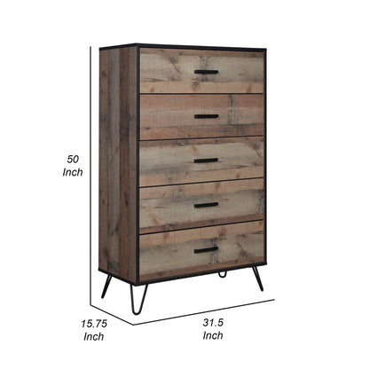Lala 50 Inch Tall Dresser Chest, 5 Drawers, Black Handles, Rustic Brown