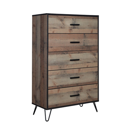Lala 50 Inch Tall Dresser Chest, 5 Drawers, Black Handles, Rustic Brown