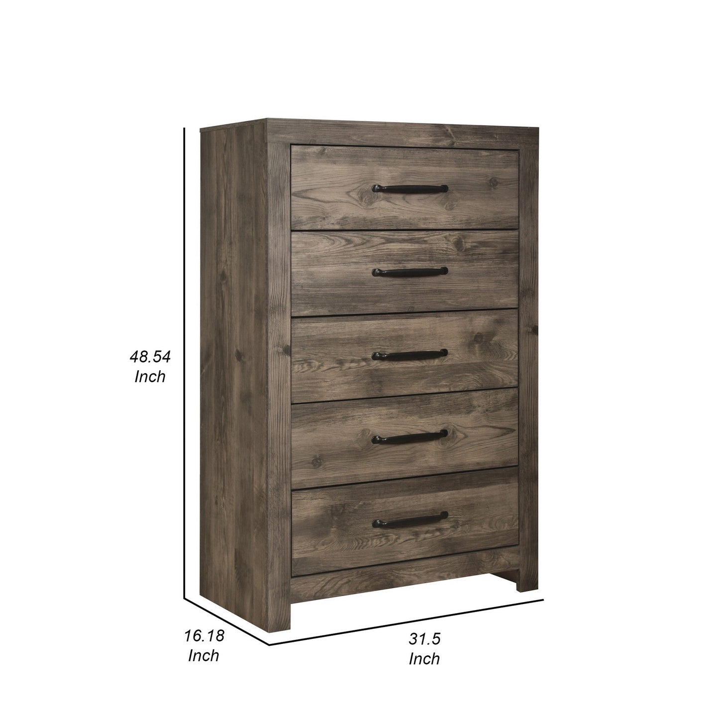 Ent 49 Inch Tall Dresser Chest, 5 Drawers with Black Handles, Greige Brown