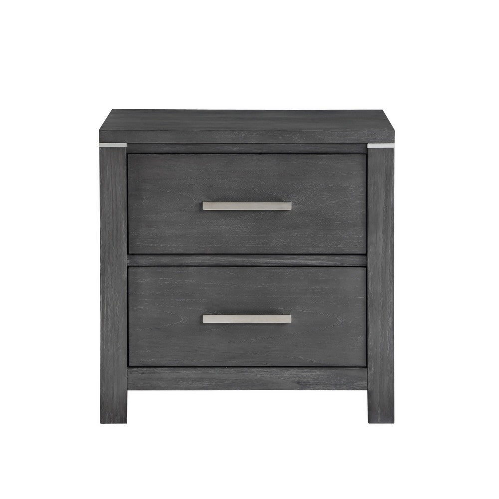 Tal 27 Inch Nightstand, 2 Drawers with Chrome Handles, Charcoal Gray Finish