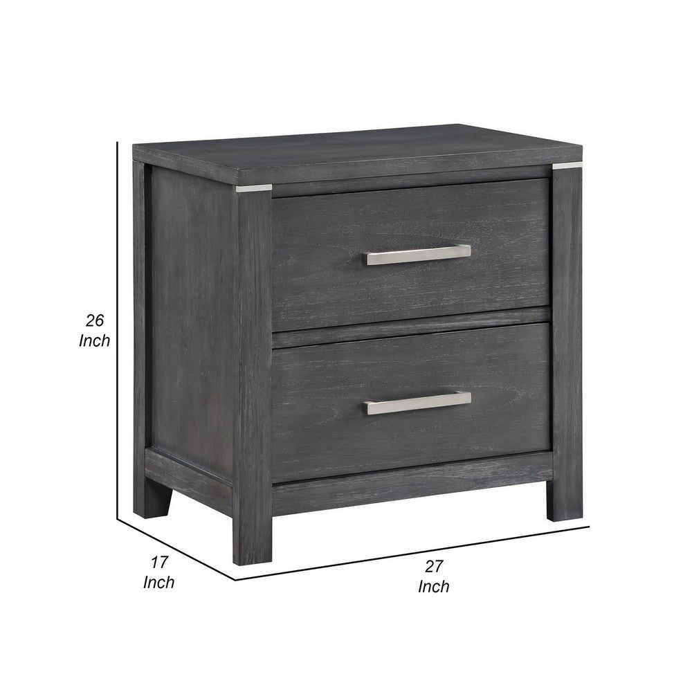 Tal 27 Inch Nightstand, 2 Drawers with Chrome Handles, Charcoal Gray Finish