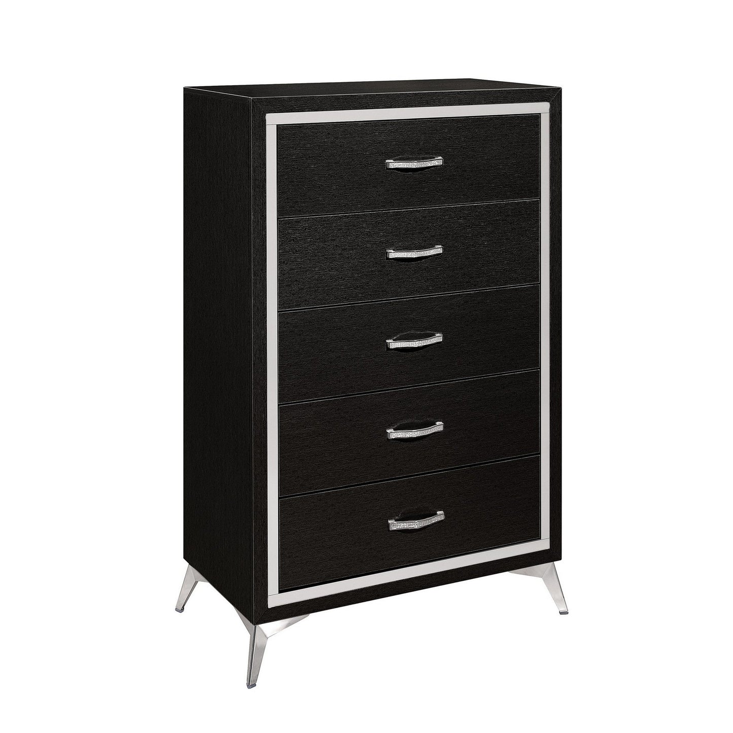 Sami 49 Inch Tall Dresser, 5 Drawers, Mirror Trim, Embossed Texture, Black
