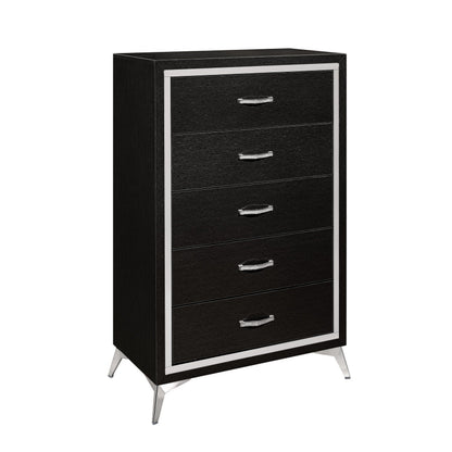 Sami 49 Inch Tall Dresser, 5 Drawers, Mirror Trim, Embossed Texture, Black