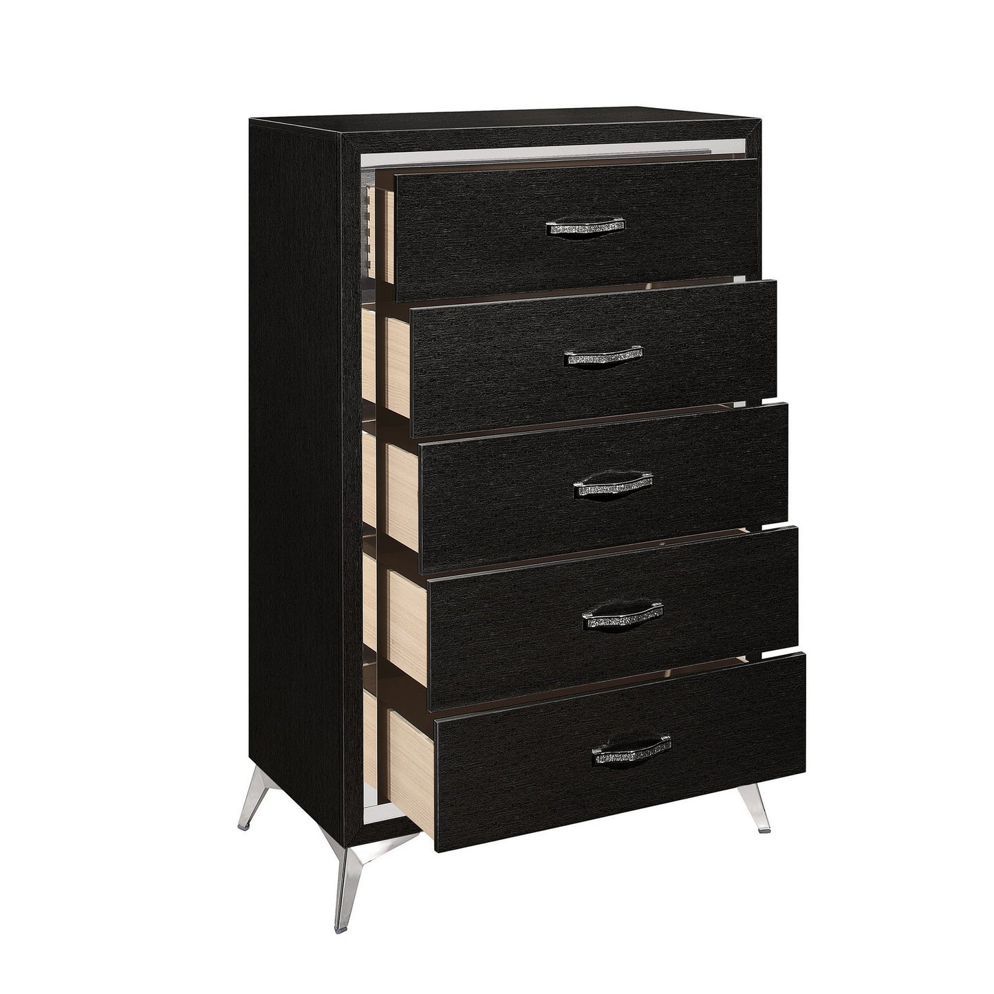 Sami 49 Inch Tall Dresser, 5 Drawers, Mirror Trim, Embossed Texture, Black