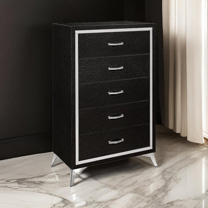 Sami 49 Inch Tall Dresser, 5 Drawers, Mirror Trim, Embossed Texture, Black