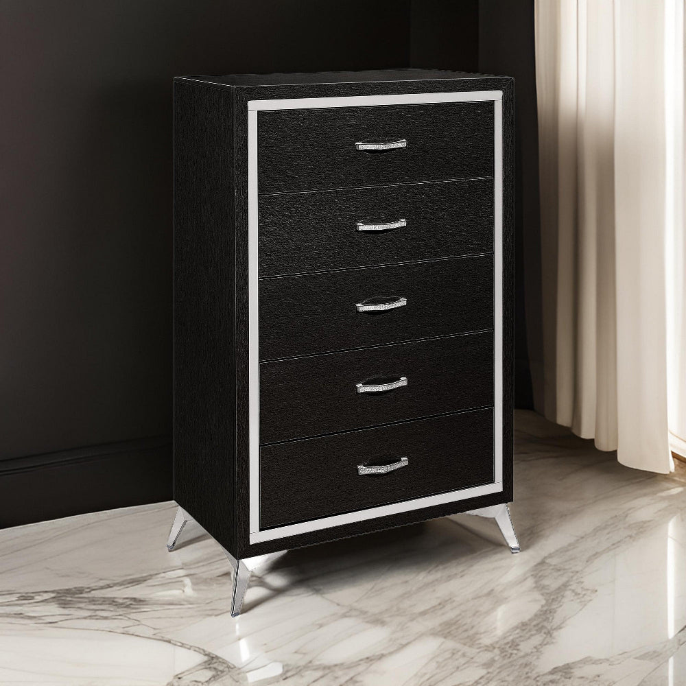 Sami 49 Inch Tall Dresser, 5 Drawers, Mirror Trim, Embossed Texture – Black
