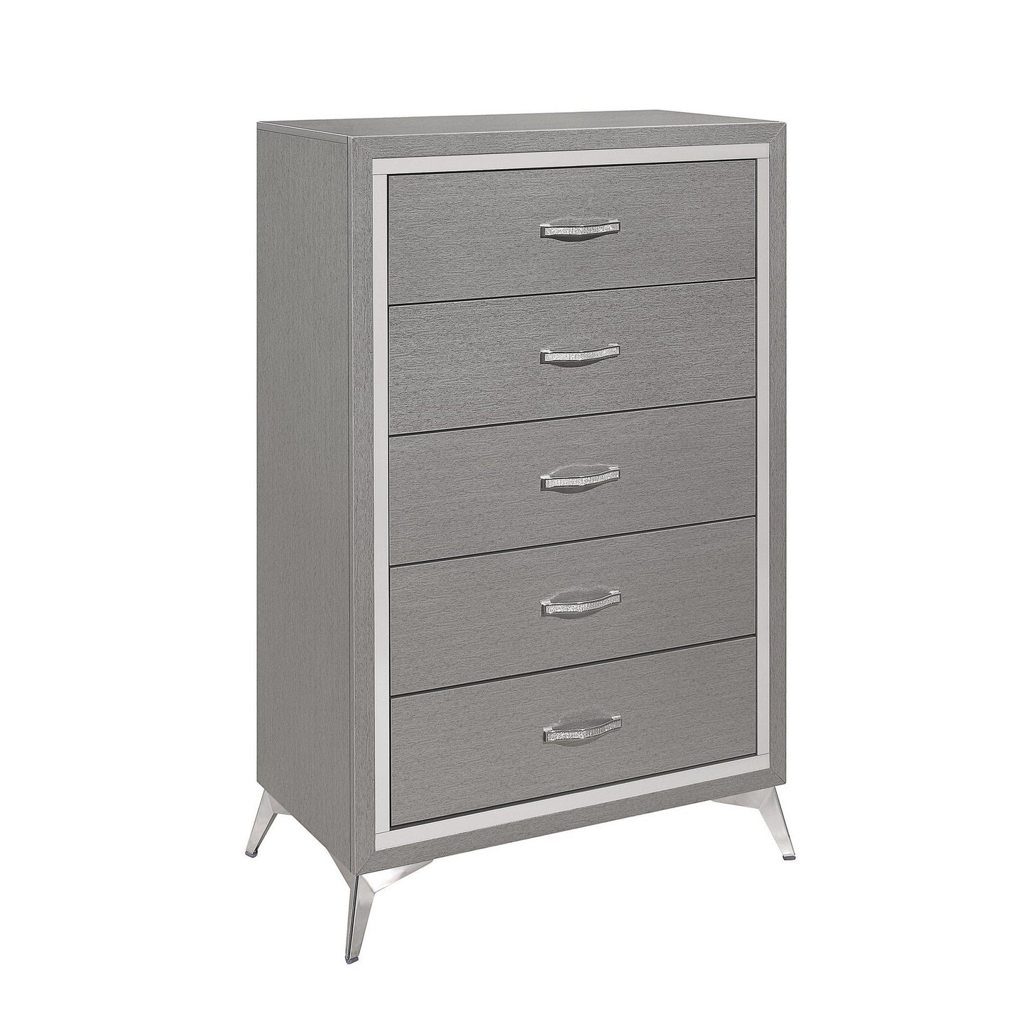 Sami 49 Inch Tall Dresser, 5 Drawers, Mirror Trim, Embossed Texture, Gray