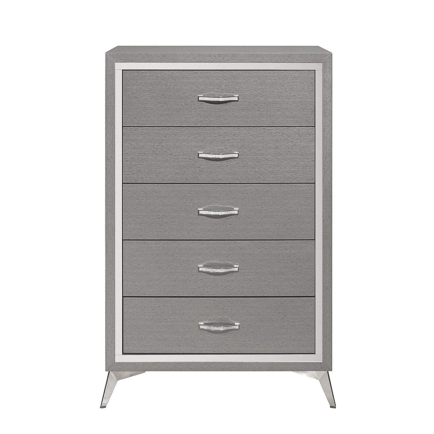 Sami 49 Inch Tall Dresser, 5 Drawers, Mirror Trim, Embossed Texture, Gray