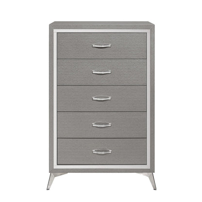 Sami 49 Inch Tall Dresser, 5 Drawers, Mirror Trim, Embossed Texture, Gray
