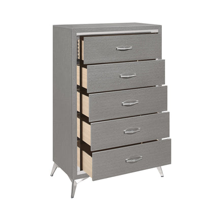 Sami 49 Inch Tall Dresser, 5 Drawers, Mirror Trim, Embossed Texture, Gray