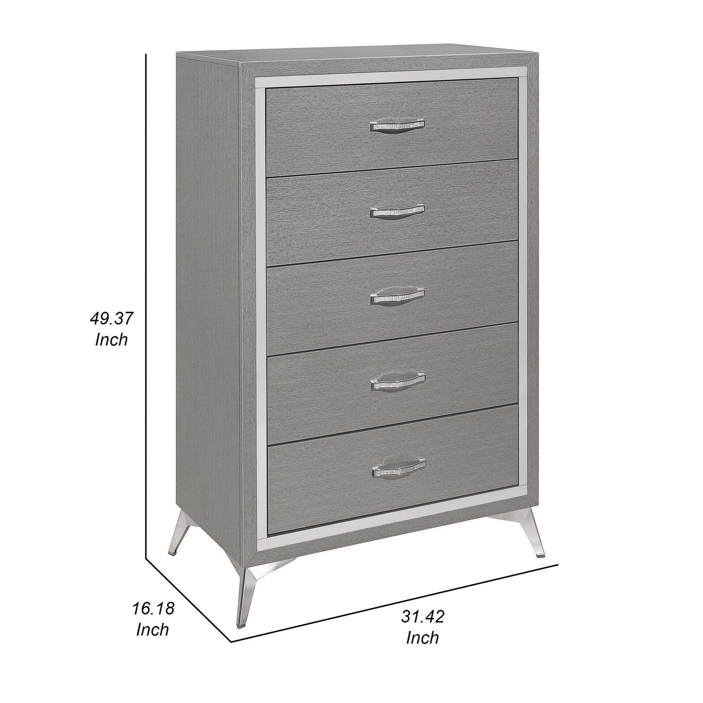 Sami 49 Inch Tall Dresser, 5 Drawers, Mirror Trim, Embossed Texture, Gray