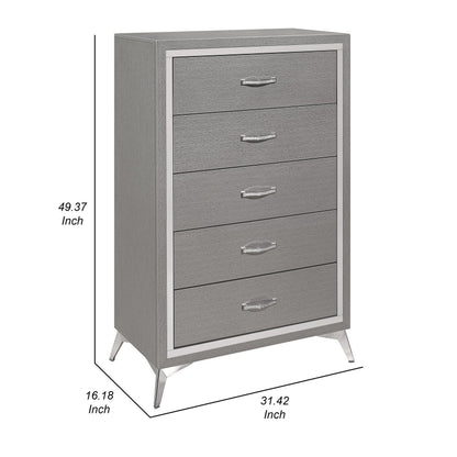 Sami 49 Inch Tall Dresser, 5 Drawers, Mirror Trim, Embossed Texture, Gray