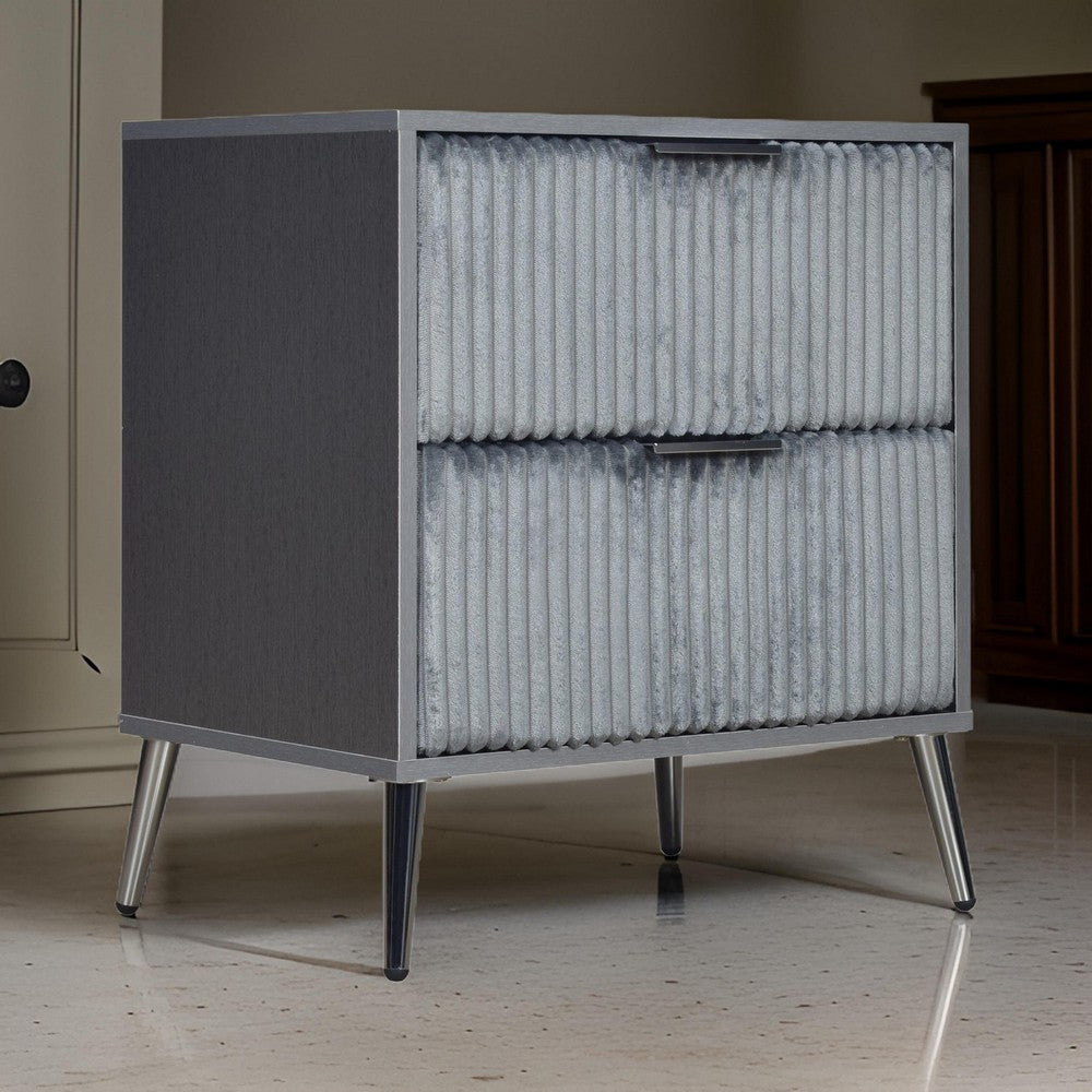 Moko 26 Inch Nightstand, 2 Ribbed Soft Upholstered Drawers, Smooth Gray