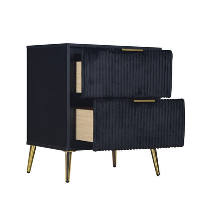 Moko 26 Inch Nightstand, 2 Ribbed Soft Upholstered Drawers, Black, Gold