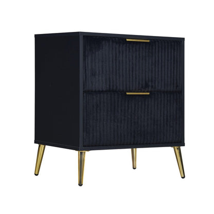 Moko 26 Inch Nightstand, 2 Ribbed Soft Upholstered Drawers, Black, Gold