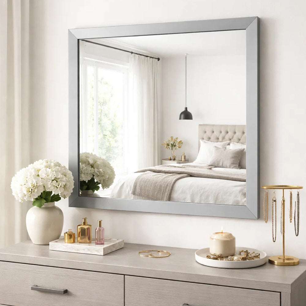 Ent 40 x 40 Dresser Mirror, Tempered Glass, Rectangular Frame, Greige