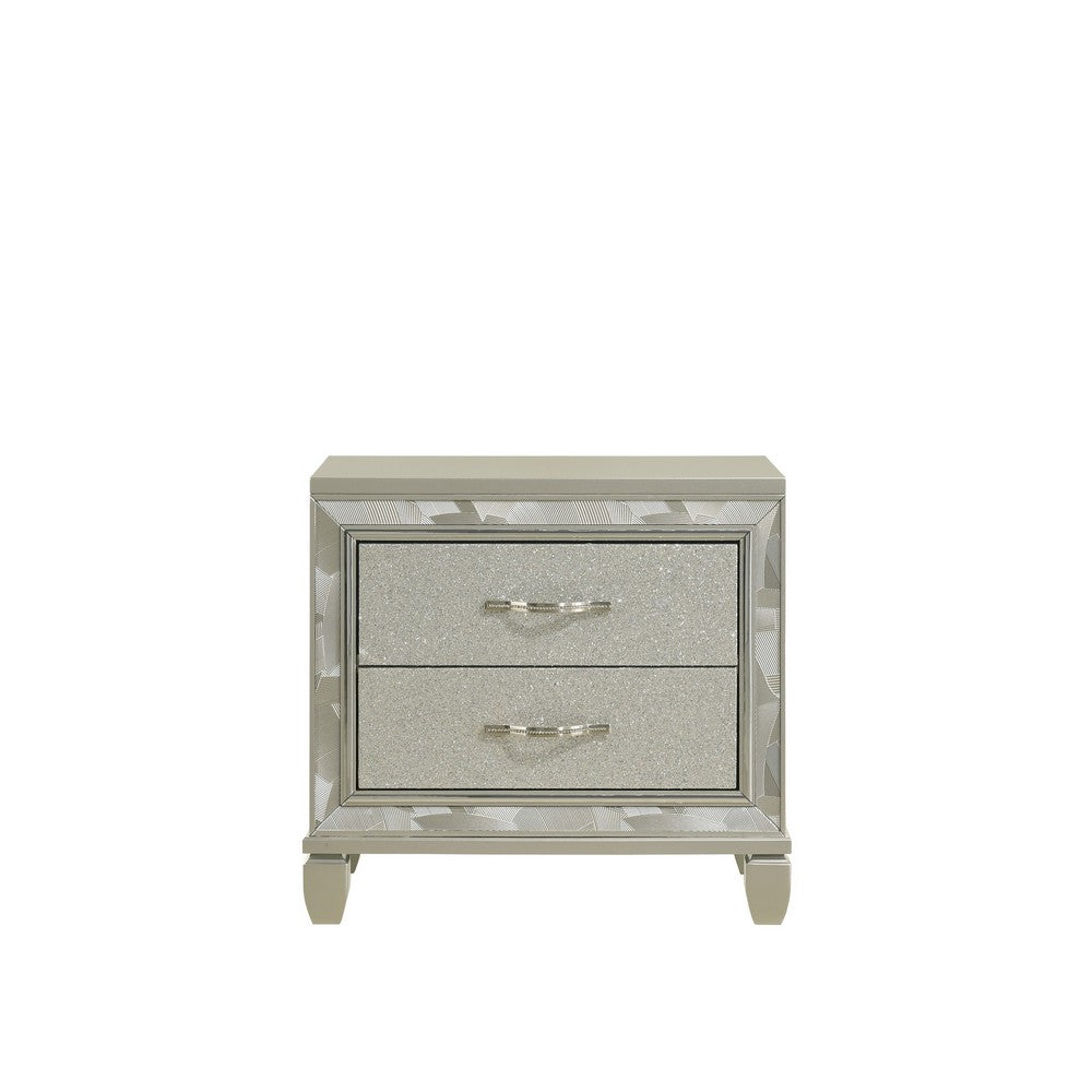 Bet 28 Inch Nightstand, 2 Rhinestone Inlaid Drawers, Chrome Handles, Silver