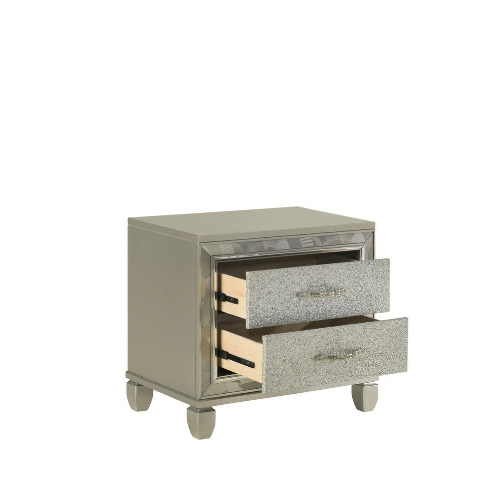 Bet 28 Inch Nightstand, 2 Rhinestone Inlaid Drawers, Chrome Handles, Silver