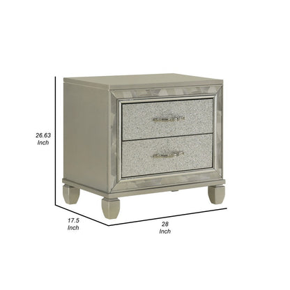 Bet 28 Inch Nightstand, 2 Rhinestone Inlaid Drawers, Chrome Handles, Silver