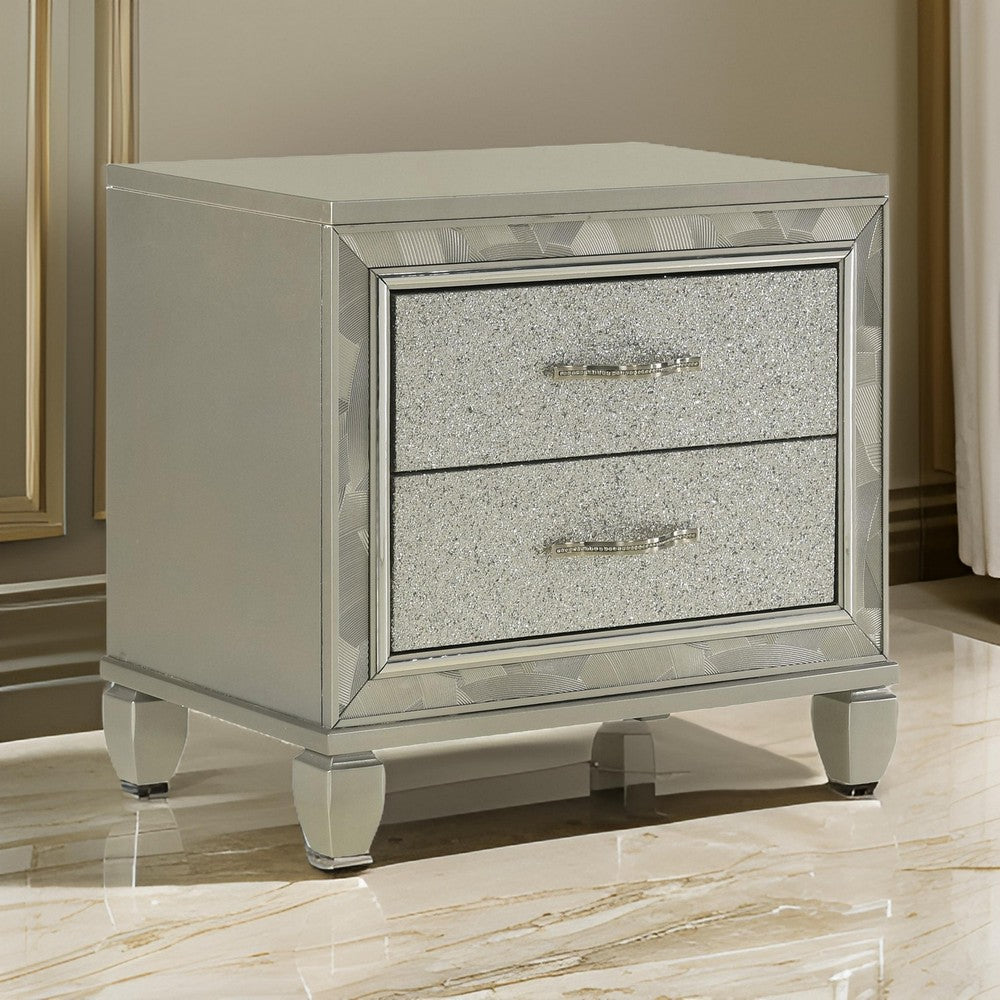 Bet 28 Inch Nightstand, 2 Rhinestone Inlaid Drawers, Chrome Handles, Silver