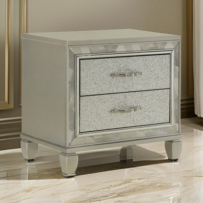Bet 28 Inch Nightstand, 2 Rhinestone Inlaid Drawers, Chrome Handles, Silver