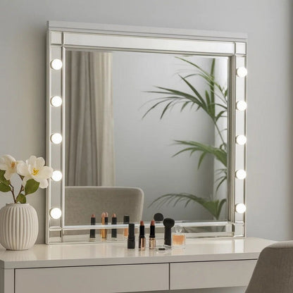 Lee 37 x 40 Vanity Mirror, 10 Light Bulb Sockets, Modern White Wood Frame