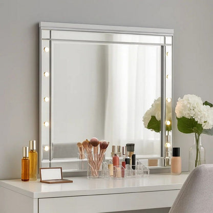Lee 37 x 40 Vanity Mirror, 10 Light Bulb Sockets, Modern White Wood Frame