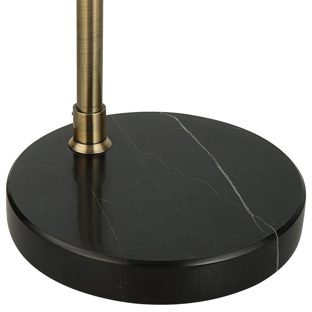 72 Inch Arc Floor Lamp, Black Metal Shade, Marble Foot, Antique Brass