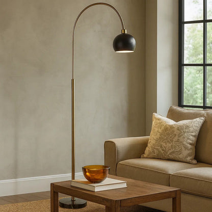 72 Inch Arc Floor Lamp, Black Metal Shade, Marble Foot, Antique Brass